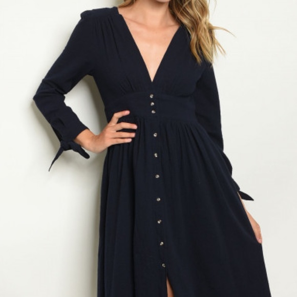 NAVY BUTTON DOWN DRESS - Picture 2 of 8